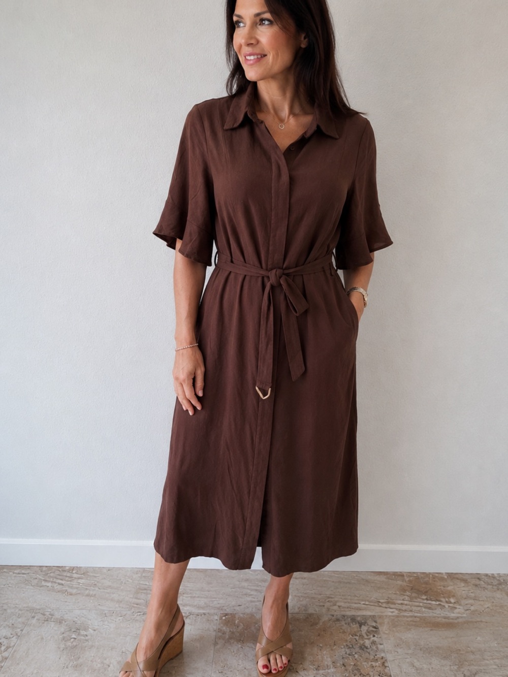 Classic Brown Tie-Waist Midi Shirt Dress